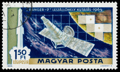 Stamp printed in Hungary shows Ranger 7 probe