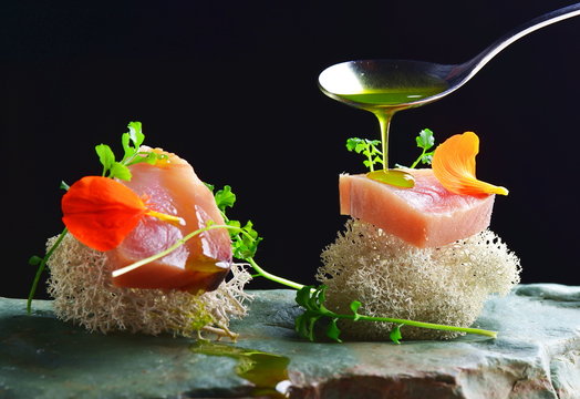 Fine Dining, Fresh Raw Ahi Tuna Sashimi Served On Sponge