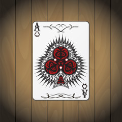 Ace of clubs poker card wood background