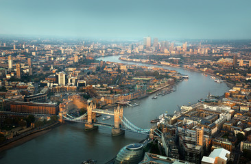 Fototapeta na wymiar London aerial view with Tower Bridge in sunset time