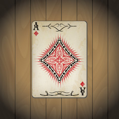 Ace of diamonds poker card old look wood background