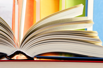 Composition with hardcover books in the library