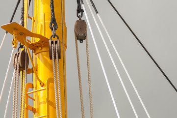 Slings of old boat. Details of marine mast