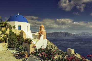 Santorini Island scene with  blue dome church, Greece