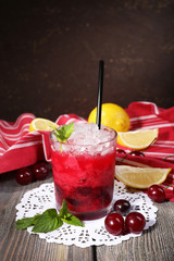 Fresh cold cherry cocktail with mint, ice and lemon