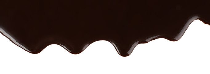 Melted chocolate dripping on white background