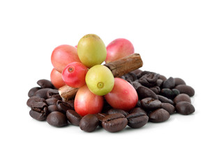 coffee beans and red ripe coffee isolated on white background.