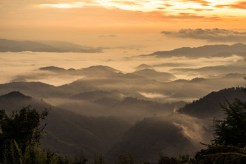 The fog covered the mountains range in Chiang Rai the province in northern region of Thailand in winter season.