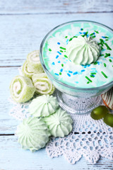Fototapeta na wymiar Mint milk dessert in glass bowl on color wooden background