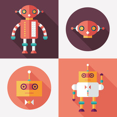 Robots flat square and round icons with long shadows. Set 14