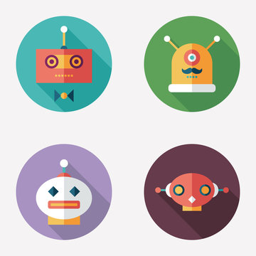 Robots flat round icons with long shadows. Set 12