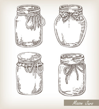 Mason jars set. Collection hand drawn vector illustration