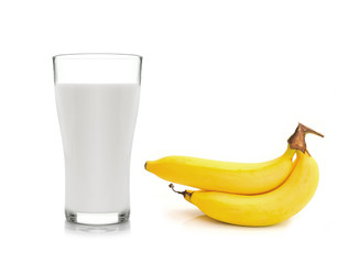 Glass of milk  with  banana over white background