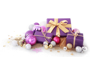 Purple Gifts with Assorted Size Christmas Balls