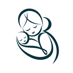 young mom hugs her baby, stylized vector symbol
