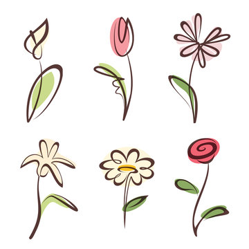 outlined hand drawn flower collection, design elements set