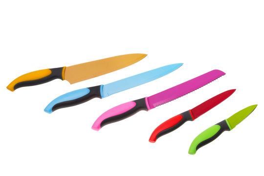 Set of multicolored fun for kitchen knives. white background.