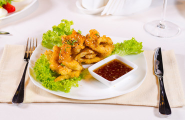 Plating of Fried Chicken with Sweet Chili Sauce