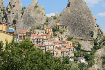 Fototapeta na wymiar Mountain village view with trees and mountains