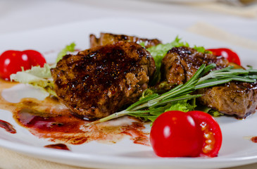 Fresh Grilled Steak with Veggies and Herb on Plate