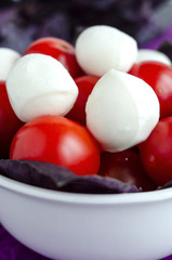 Mozzarella and cherry tomatoes in a porcelain  bowl