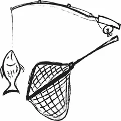 Fotobehang doodle Fishing rod, hooked fish and fishing net © dule964