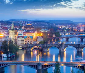 Panoramic view of Prague bridges over Vltava river