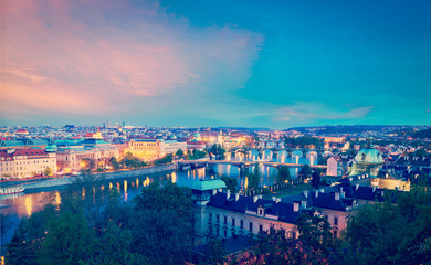 Panoramic view of Prague bridges over Vltava river