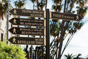Tourist signpost in Malaga. Andalusia, Spain