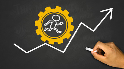 person running in gear wheel with financial chart