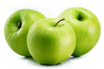 Three green apples isolated on white