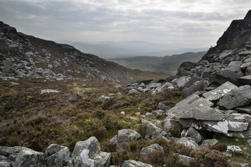 Landscape of path up mountainside on Summer morning