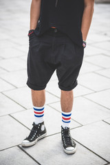 close up legs young handsome bearded hipster man