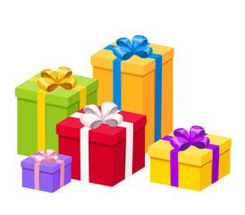 Colorful gift boxes with bows. Vector illustration.