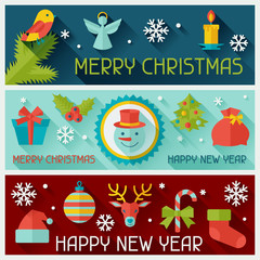 Merry Christmas and Happy New Year horizontal banners.