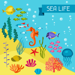Naklejka na ściany i meble Marine life background design with sea animals.