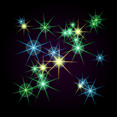 Fototapeta premium Bright stars of different colors on a black background. Raster