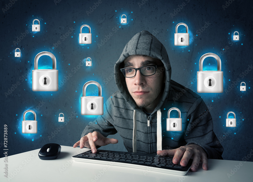 Poster young hacker with virtual lock symbols and icons