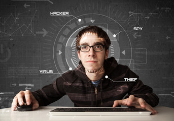 Young hacker in futuristic enviroment hacking personal informati