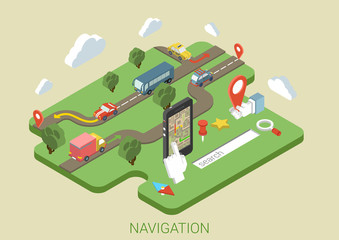 Fototapeta na wymiar Flat map mobile phone GPS navigation 3d isometric concept