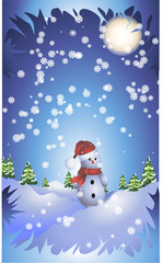 The snowman standing in the wood under snow on a blue background