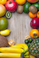 Composition of tropical fruits in the form of a frame