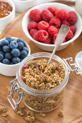 glass jar with homemade granola and berries, top view