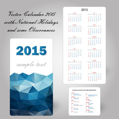 usa blue calendar card 2015 with holidays triangular design