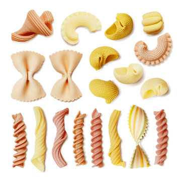 Close-up of a dried assorted italian pasta isolated on white
