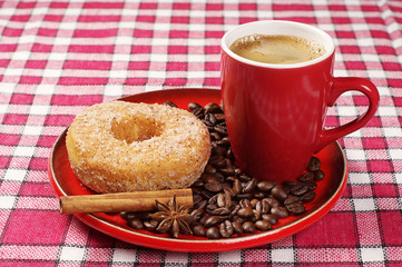 Plate with donut and coffee