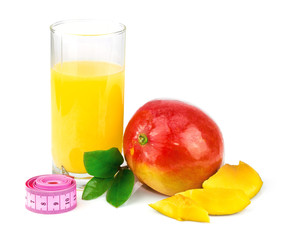 Mango juice, mango fruit with centimeter and green leaves