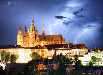 Prague castle and Charles bridge at night