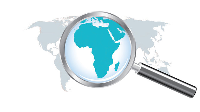 World map countries with Africa magnified by loupe