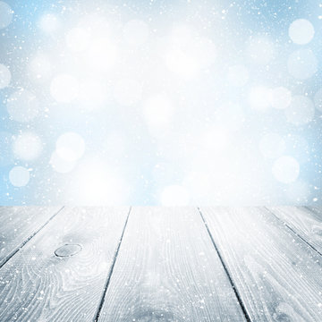 Christmas winter background with wooden table